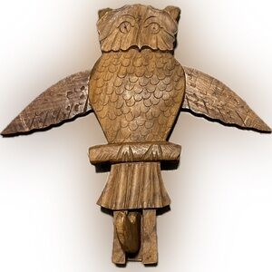 Carved Wood Owl Hook Moving Wings Folk Art Vintage Primitive Wall Decor